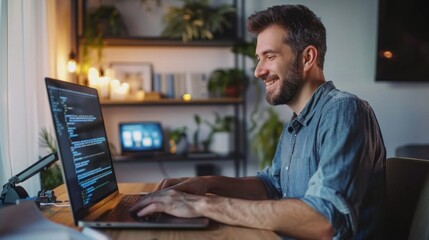 Fototapeta premium A man is sitting at a desk with a laptop open