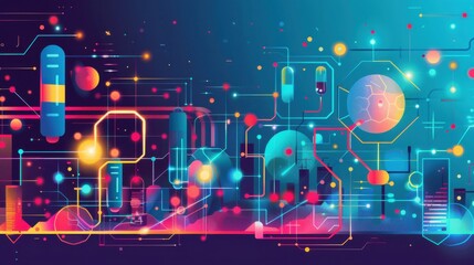 Molecular modeling, AI in pharmaceuticals, flat design illustration