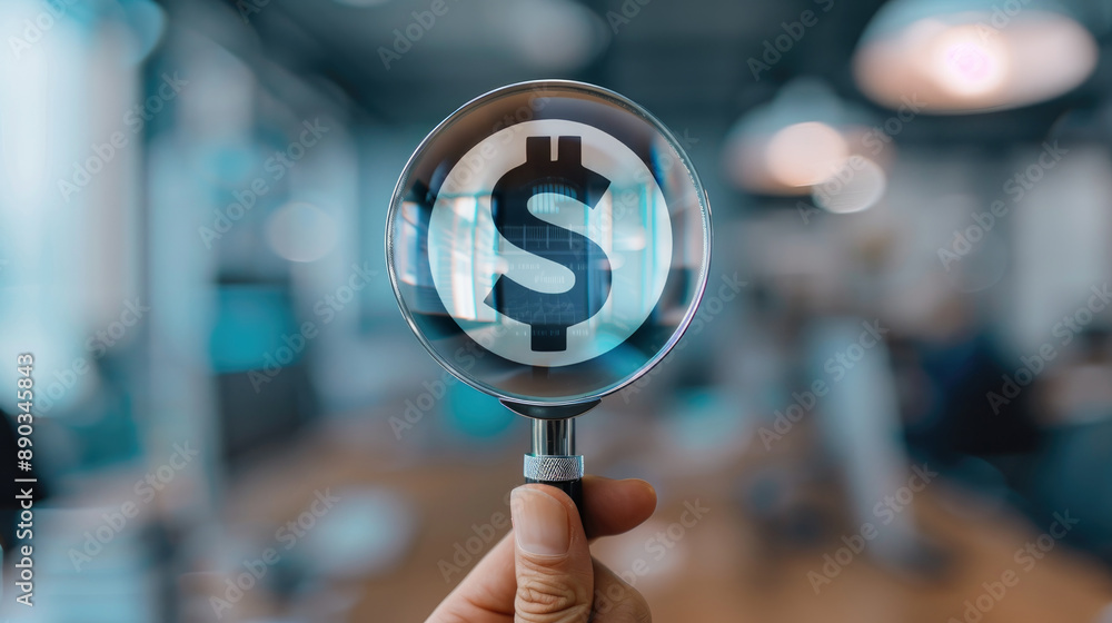 Wall mural a close-up of a hand holding a magnifying glass that focuses on a dollar symbol with a blurred offic