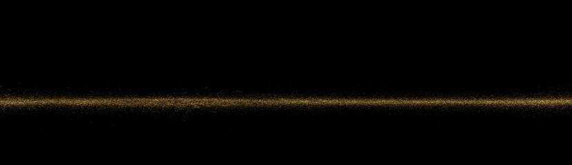 Golden horizontal stripe, plume crumbs. Gold abstract sprinkled texture, jewelry dust in black background. Sand particles or pieces.