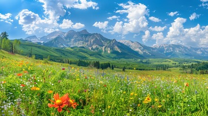 A beautiful, lush green field with a mountain range in the background