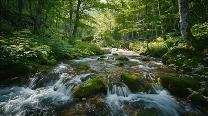 Fototapeta premium A stream of water flows through a forest with moss growing on the rocks