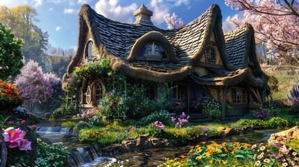 Obraz premium A whimsical, fairy-tale cottage with a curved, thatched roof, colorful flowers, and a bubbling brook nearby.