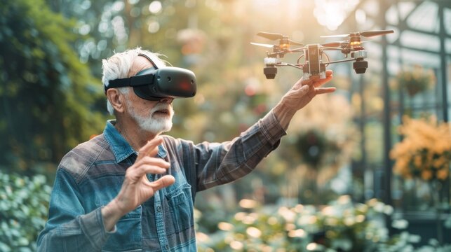 The scene is set in a lush green garden, with various plants