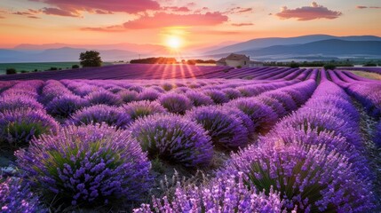 Obraz premium A field of lavender flowers with a beautiful sunset in the background