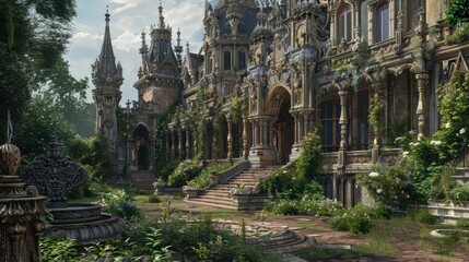 Obraz premium An opulent, Gothic-style mansion with towering spires, intricate stone carvings, and a lush, overgrown garden.