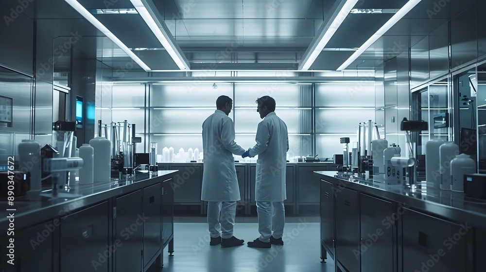 Poster industrial workers operating advanced machinery in a sleek and futuristic factory setting showcasing