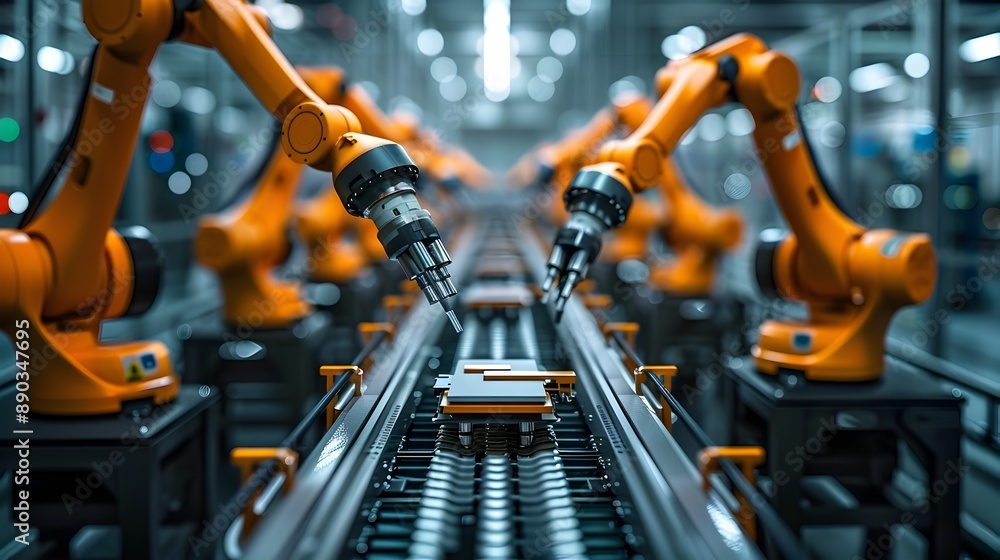 Poster robotic arms automating manufacturing in efficient modern factory workspace