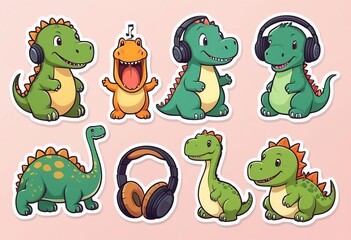 Happy Dinosaur Enjoying Music Cartoon Illustration for Designs