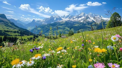 A beautiful field of flowers with a blue sky in the background