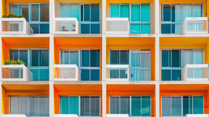 Obraz premium Vibrant colorful blue orange apartment building urban architecture modern rainbow retro 50s facade exterior geometric design bright vivid bold playful cityscape vertical pattern lively windows travel 