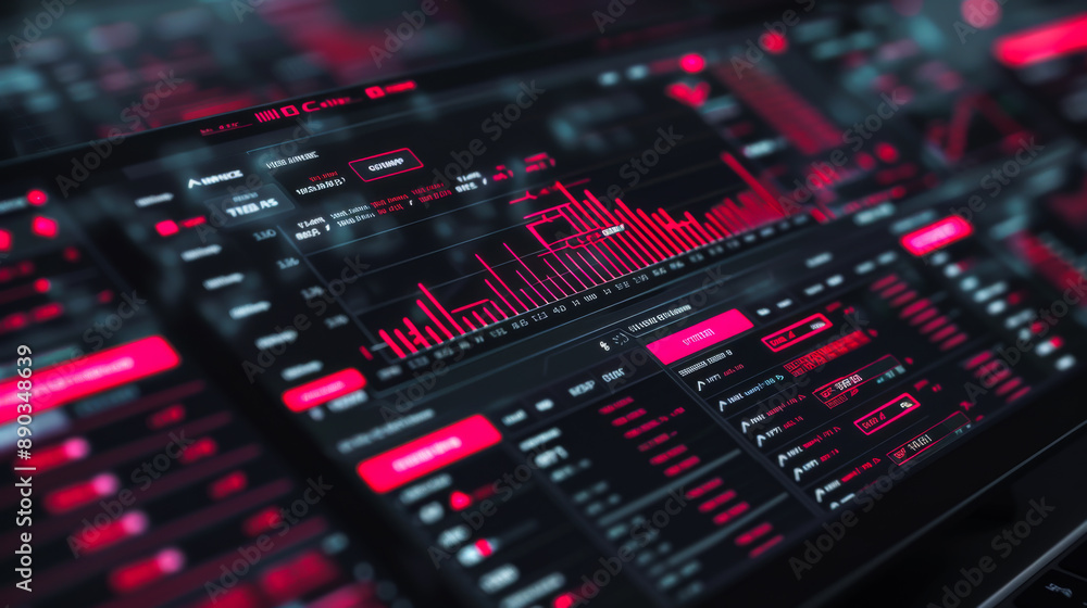 Poster close-up of a modern dark screen with red graphics. user interface with charts on the cryptocurrency