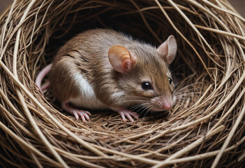  A sleepy mouse curled up in a nest. 