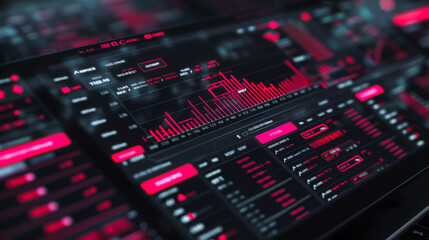 Close-up of a modern dark screen with red graphics. User interface with charts on the cryptocurrency and trading market. Business concept, growth.