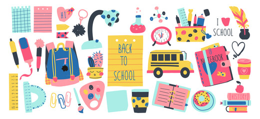 Big set of school supplies. Back to school lettering. Children's subjects. Vector illustration in a flat style on a white background. hand drawn back to school drawing illustration clip art collection
