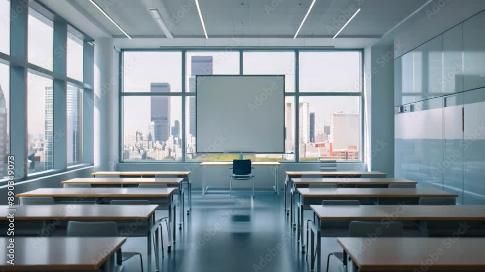 Poster an empty classroom with desks and chairs arranged in rows, facing a large projector screen. the room