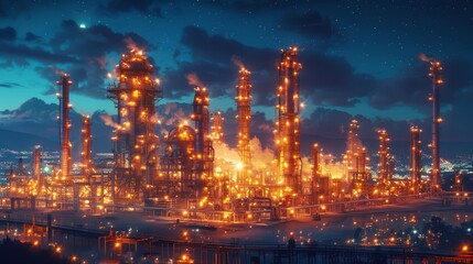 Fototapeta premium Industrial night scene with glowing refineries - generative ai
