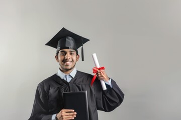 Indian man in his early thirties wearing a black graduation gown and cap, celebrating academic achievement, recent graduate, education milestone