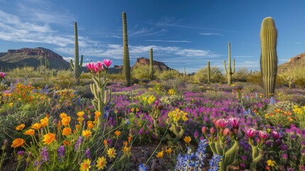 A field of flowers with a blue sky in the background