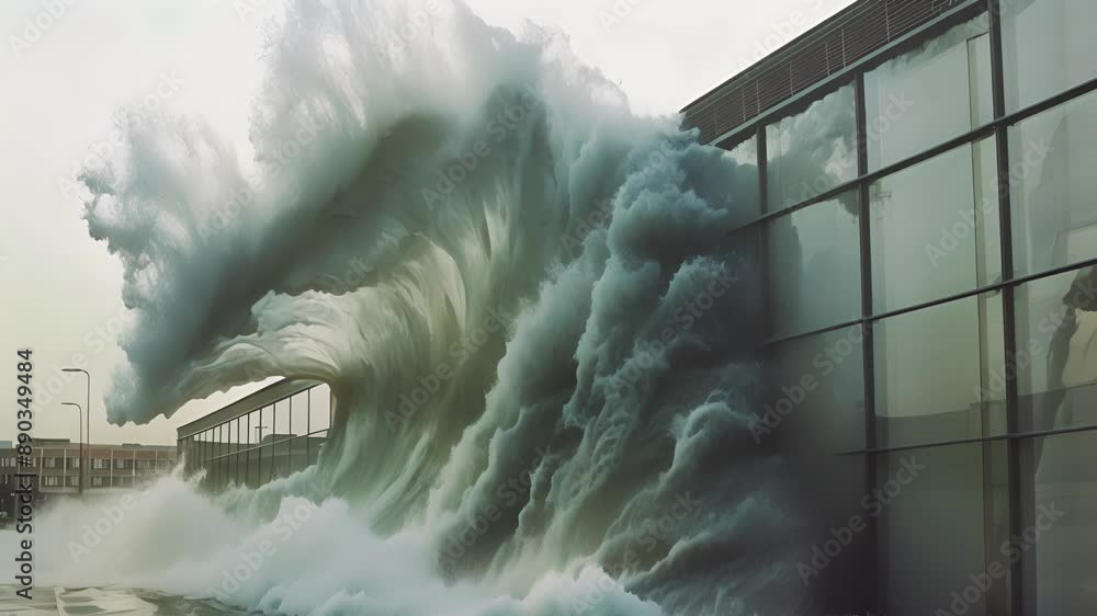 Poster a giant inflatable wave crashes in slow motion against the side of a building evoking feelings of bo