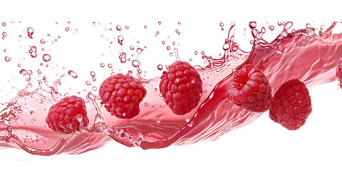 Raspberries in a pink liquid splash, isolated on transparent background