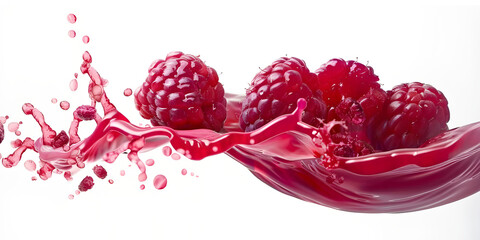 Raspberries in a liquid splash, horizontal composition, isolated on transparent background