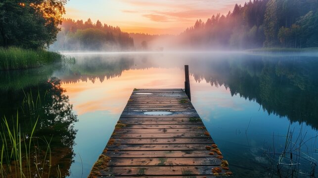 A wooden dock sits on a lake, with the sun setting in the background