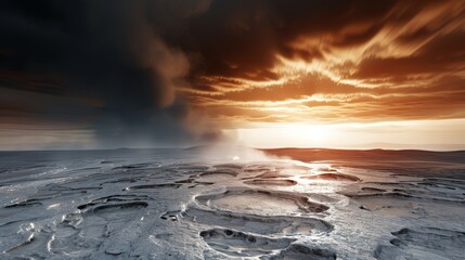 Sizzling hot desert with sudden rainfall creating steam, extreme weather, high-resolution photo, no people, sharp details