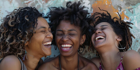 Unbreakable Bonds: Three African American friends laughing together, hands entwined
