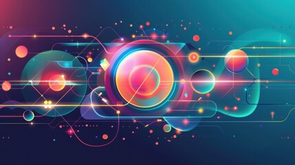 Particle physics, AI-enhanced simulations, flat design illustration