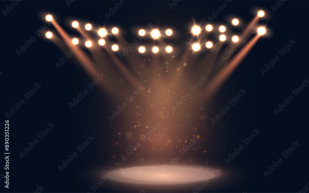Aufkleber a bright spotlight on the stage shines with warm rays with many sparkles of light dust. isolated lig
