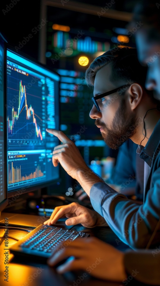 Poster A man is pointing at a computer screen with a graph on it