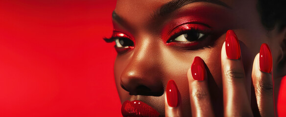 Close up of a beautiful black woman with red eye shadow and long red nail polish nails against a red background, in the style of beauty photography and manicure concept with copy space