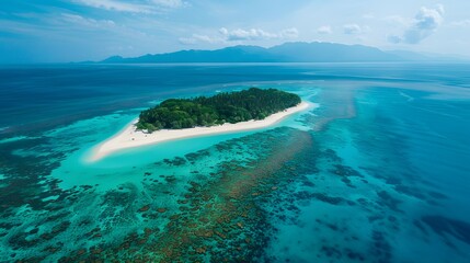 Tropical Island with White Sand Beach and Blue Water.