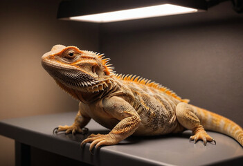 Obraz premium A bearded dragon basking under a heat lamp. 