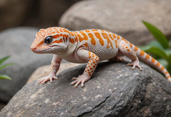 Naklejka premium A leopard gecko climbing on a rock. 