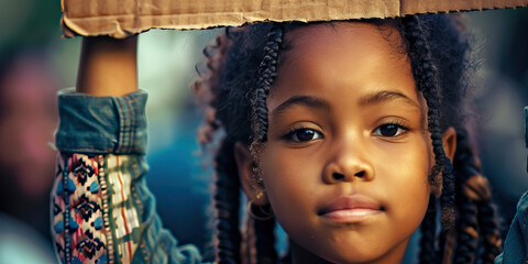 Resilient Pride: A young Black girl proudly holding up a protest sign, her defiant expression contrasting with her youthful innocence