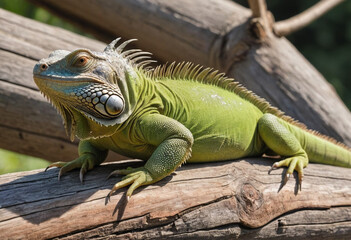 Obraz premium An iguana sunbathing on a log. 