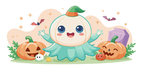 Naklejka premium halloween little goast with phumkins,happy halloween celebration transparent,halloween phumkins,casper style,smile devil,horizontal, mystery, comic, graphic, typescript, grunge, bat