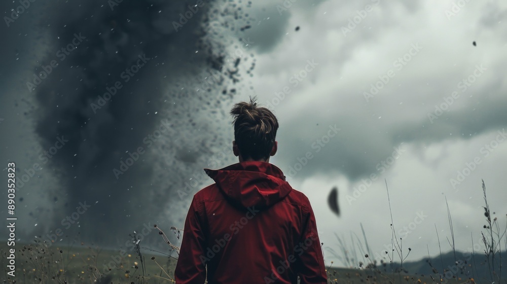 Poster a man in a red jacket is standing in a field with a storm in the background