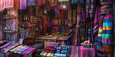 The Vibrant Vendors: A colorful market stall, displaying rows of vivid fabrics, jewelry, and handcrafted wares