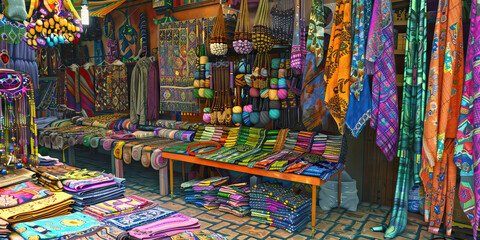 Fototapeta premium The Vibrant Vendors: A colorful market stall, displaying rows of vivid fabrics, jewelry, and handcrafted wares