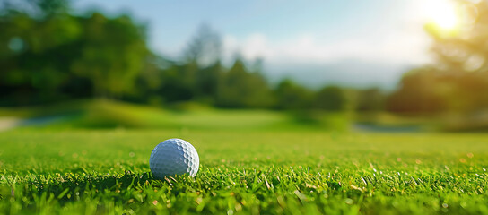 Golf ball on the green grass, blurred background of golf course with empty space for additional elements.Web banner with empty space. 