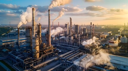 Expansive Aerial View of Sprawling Industrial Complex with Smokestacks and Warehouses