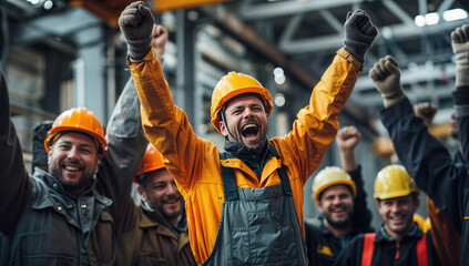 Group of industrial workers celebrating success in metal industry factory