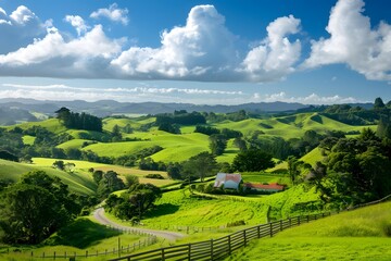 Obraz premium Picturesque Rolling Hills with a Farmhouse