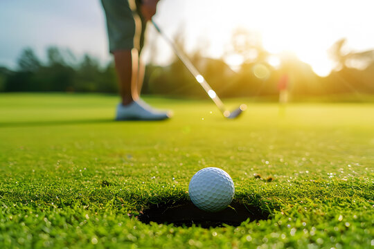 
Golf ball near the hole on green grass with golfer in the distance playing golf in the background, under bright sunlight.