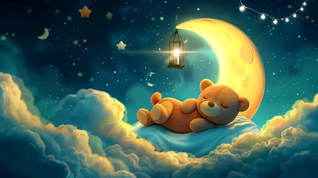 Cute teddy bear sleeping on crescent moon with lantern in night sky. Seamless looping time-lapse 4k video animation background