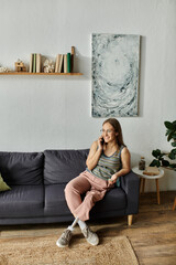Fototapeta premium A young woman with a prosthetic leg sits on a couch in her modern living room, smiling as she chats on the phone.