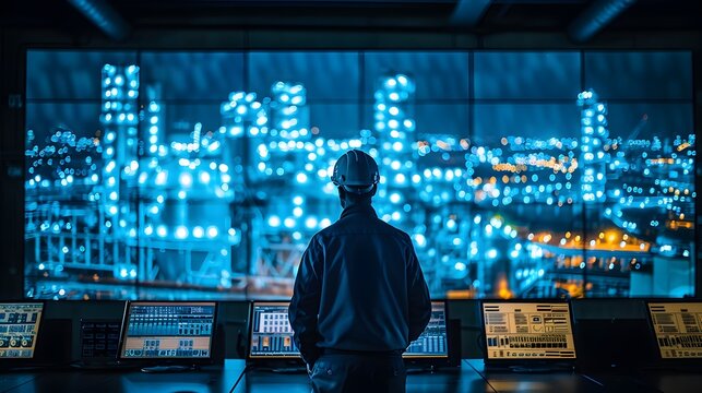 Man Watching Futuristic Cityscape from High Tech Control Room on Illuminated Screens